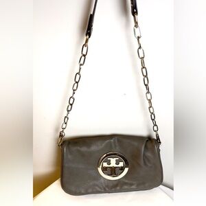 Tory Burch Gray leather Reva logo gold chain crossbody bag